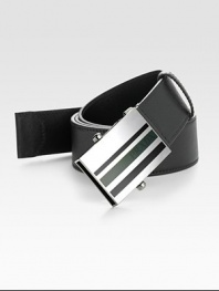 Smooth design with striped Prada embossed metal plaque buckle. About 1½ wide Made in Italy