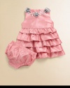 A stunning set in an eye-catching fabric with roses, bows and tiers of ruffles for your little flower.JewelneckSleevelessBack zipperTiered ruffled skirtPolyesterMachine washImported