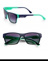 Wayfarer-inspired style, with contrast color detail inside and on top of the frames crafted in lightweight plastic. Available in blue/white/green frames with gradient blue lenses.PlasticLogo temples100% UV ProtectionImported