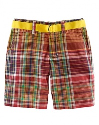 The flat-front Bleeker short is crafted from ultra-soft, silky woven cotton in a preppy madras plaid.