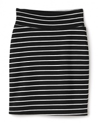 A chic summertime essential, this mini skirt is banded at the waist and adorned with narrow horizontal stripes from hip to hem.
