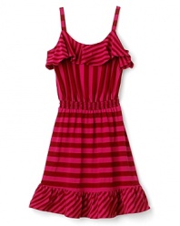Nautical-inspired stripes meet sweet ruffle detailing at the neck and hem for an easy, sleeveless party dress.