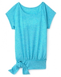 A wide banded hem with a tie at the side adds an 80's appeal to Aqua's cute striped top.