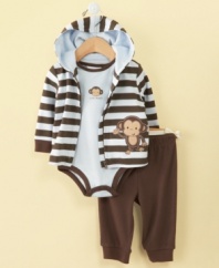 Monkey around! Get as much playtime with him as you want in this comfy bodysuit, hoodie and pant set from First Impressions.