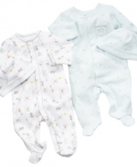 Keep him cozy and cute from head to toe in this footed coverall with matching beanie from Little Me.
