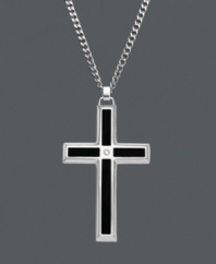 A bold statement of faith, this men's stainless steel cross pendant features a black enamel pattern with a diamond accent. Cross necklace featured on curb chain. Approximate length: 24 inches. Approximate drop: 1-1/2 inches.