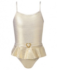Golden girl. Your precious jewel will sparkle in the sun when she's wearing this gold one-piece suit from Penelope Mack.