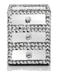 More than earrings and necklaces will sparkle with Leeber's fabulous Mirrored jewelry box, featuring reflective glass trimmed with faceted beads. Three drawers keep all your trinkets in top-notch shape.