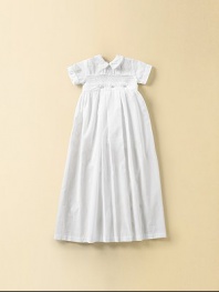 Perfect for this special day, a collared christening gown with smocking and button detail. Comes with matching hat Detachable pleated gown Pleated legs on suit Back button closure Cotton; dry clean Imported FIT RECOMMENDATION: Please note that this style runs small.