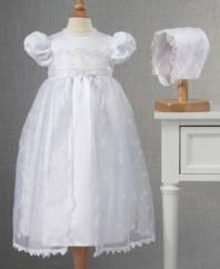 A breathtaking dress for a breathtaking baby. This beautiful christening dress is delicately crafted with sequins, pearl-inspired accents and  ribbon trim for a delightfully precious finish.