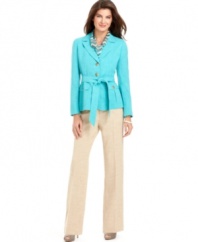 A summery fabrication and bright hues make this Evan Picone pant suit a must-have for the season ahead. A matching scarf adds a pop of pattern to the look.