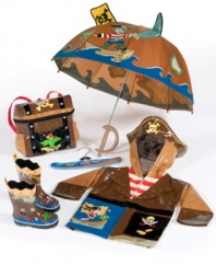 Every pirate captain needs a sturdy coat. In this raincoat from Kidorable, he'll be able to stand tall in the wind and the rain throughout his adventures. A pirate captain hat completes his swashbuckling look. Comes with matching hanger. Check out the Kidorable Pirate Rain Boots and Umbrella.