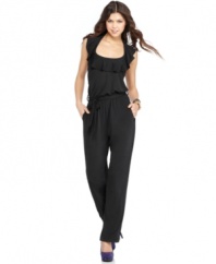Sugar & Spice updates the jumpsuit with a ruffled halter neck! Rock it with a pair of great heels for a look that's long, lean and timeless.