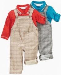 Country cute. This precious style, with overalls covering a sharp polo shirt, offers rollable sleeves and cuffs to keep him cool.
