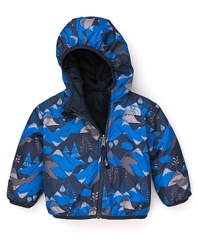 A reversible hooded coat by The North Face® converts to cool blue camougflage.