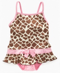 Stick your neck out. Give her some wild style with this fun animal-print swimsuit from Pink Platinum.