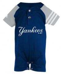 Play ball! Get him into the game early with this spirited sports romper from MLB.