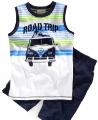 He'll be the ultimate road-tripper in this cute muscle t-shirt and short set from Nannette.