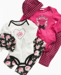 Doll her up for a day on the town in one of these fanciful bodysuit, pant and beanie 3-piece sets from First Impressions.