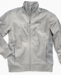 He'll stay active in style wearing this DKNY fleece jacket. Contrast color and a city scape on the back take it from basic to unique in an instant.