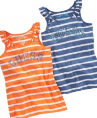 Pump up casual style. This striped Guess tank top with rhinestone embellishments adds attention-getting style to any everyday outfit.