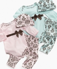 A touch of sophistication. Your little lady will look delightfully dainty in this 3-piece damask bodysuit, pant and hat set from First Impressions.