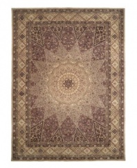 Expand beyond the standard borders of the room-size rectangle with the Nourison 2000 area rug collection. Classic in design of the moment, while still boasting a chic sophistication, this rug features a lavender and taupe sunburst pattern and bordered by intricate details. Made of 100% silk and wool pile.