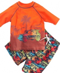 Get him ready for a summer of splashdown fun with this pair of swim shorts from Flapdoodles.