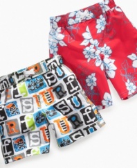 Watch out for the waves! He'll be ready to brave the water in these cool patterned swim trunks from iXtreme.