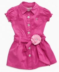 Add a punch of pretty pink to her closet with this sweetly detailed belted shirtdress from Guess.