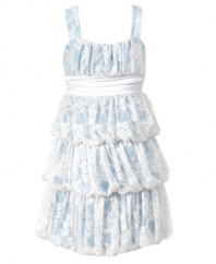 Little lady in lace. She'll feel like she's all grown up in this lovely tiered ruffle dress from Ruby Rox.