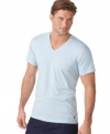 A classic v-neck short-sleeved T-shirt is constructed for lightweight comfort in soft combed cotton jersey.