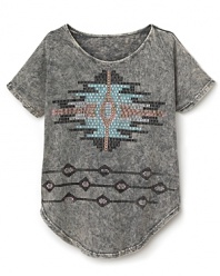 Allover stone wash pattern, tribal print accents, beaded mosaic at the chest