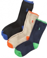 Keep him stylish from his head to his toes in a pair of dress socks from this Ralph Lauren three-pack.