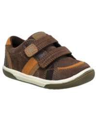 He can toddle with fresh style in these comfy sneakers from Stride Rite, with rounded edges to limit stumbles and falls.