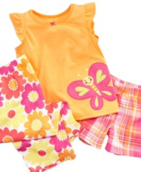 Warm weather is in the air. She'll frolic and play comfortably and contently in this bright shirt, shorts and pant set from Carter's.