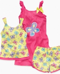 Send her fluttering off into sweet dreams with this darling tank, shorts and nightgown sleepwear set from Komar Kids.