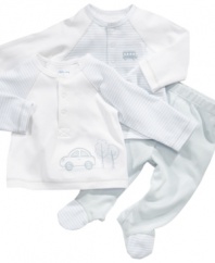 Ride in style. He'll be a well-dressed travel partner in this long-sleeved shirts and footed pant set from Little Me.