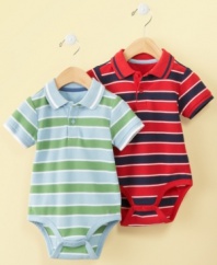 Stripes keep him stylish while this bodysuit from First Impressions keeps him comfortable.