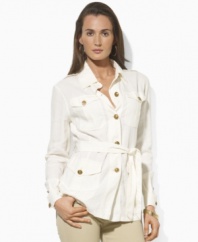 Safari-inspired styling combines with a breezy linen construction to create Lauren by Ralph Lauren's elegant belted jacket.