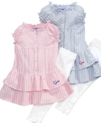 Storybook style. Romantic ruffles and pretty pinstripes lend a whimsical feel to this tunic and leggings set that's perfect for your little princess.