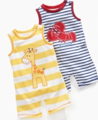 All creatures big and small. Put his affection for animals on display with one of these fun rompers from First Impressions.