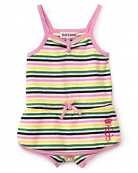 Vibrant multicolored stripes and contrast scalloped trim give this warm-weather romper with skort a snappy energy for summer fun in the backyard.