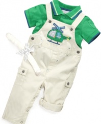 Take flight! He'll be ready to reach for the sky in this whimsical polo and overall set from First Impressions.