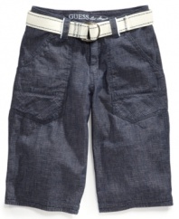 Crisp. He can throw on these fresh chambray shorts from Guess to stay cool and breezy under the sun.
