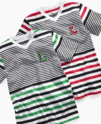 He can letter in varsity style with this striped v-neck t-shirt from LRG, a fresh twist on a throwback to vintage looks.