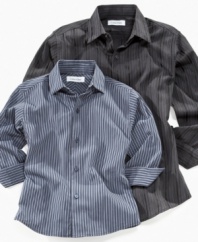These sleek striped shirts from Clavin Klein will get him from the playground to the classroom in style.