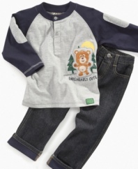 Wild life. Prepare him for fun forest adventures, and everyday activities too, with this cute raglan shirt and jean set from Nannette.