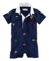 Preppy short-sleeved shortall in soft cotton jersey, designed with all-over athletic embroidery for a sporty look.