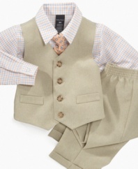 He'll be on dapper little dude in this fancy 4-piece shirt, vest, tie and pant set from Nautica.